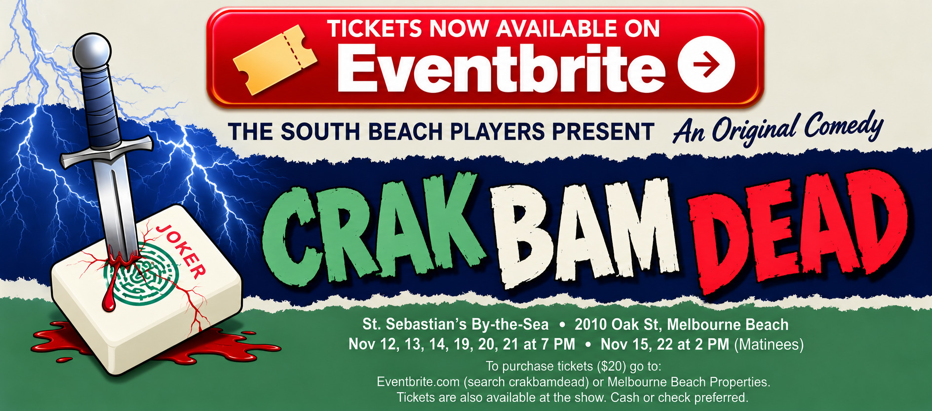 Crak, Bam, Dead! Murder mystery comedy. Tickets now available on Eventbrite, November 12β22 at St. Sebastianβs-by-the-Sea in Melbourne Beach.